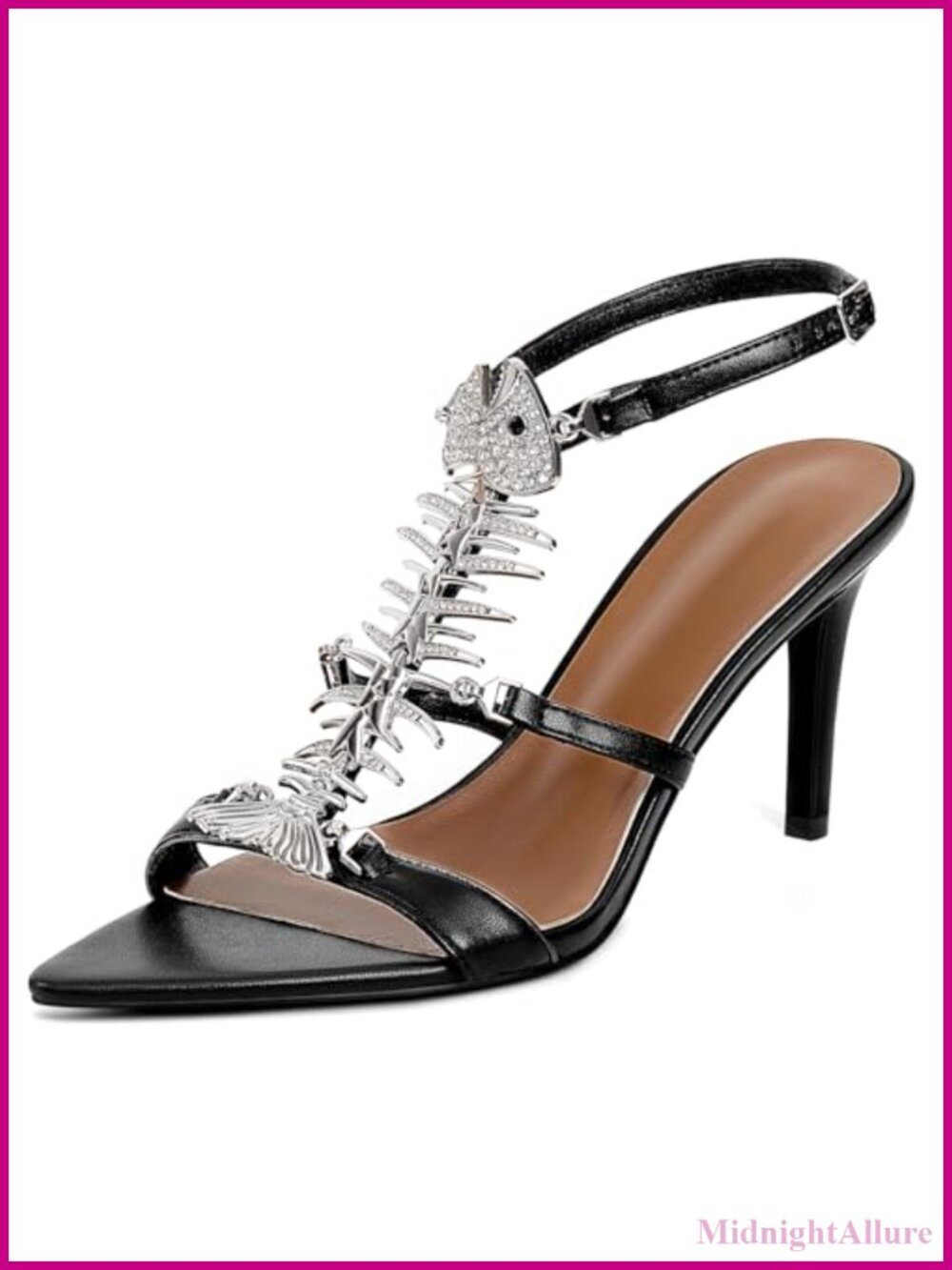 Fishbone Rhinestone Stiletto Heels Pointed Open Toe Ankle Strap Dress Sandals